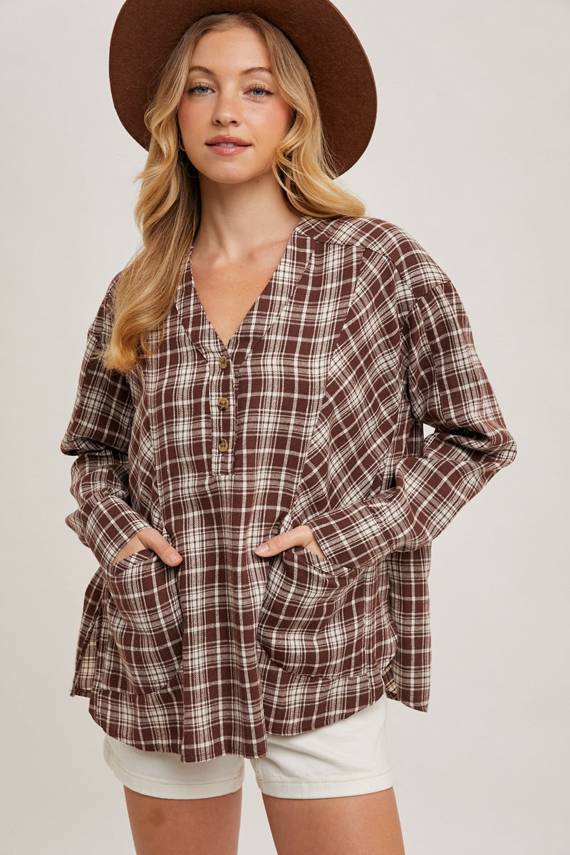 Rustic Charm Oversized Plaid Henley Top