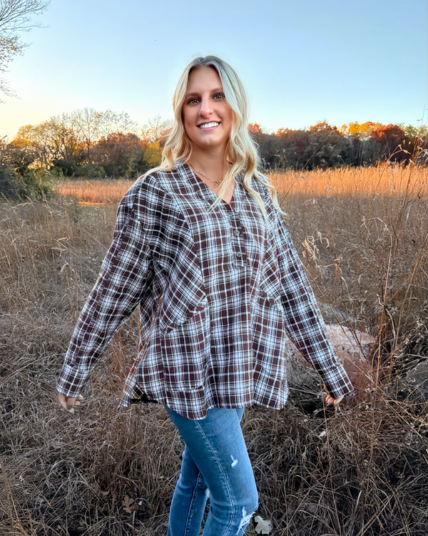 Rustic Charm Oversized Plaid Henley Top