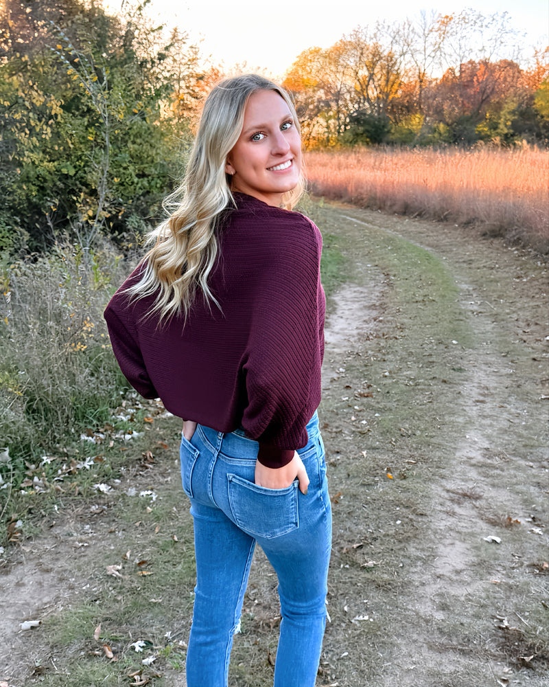 Red Wine Batwing Sleeve Crop Sweater