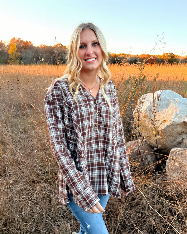 Rustic Charm Oversized Plaid Henley Top