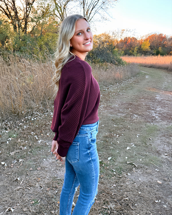 Red Wine Batwing Sleeve Crop Sweater