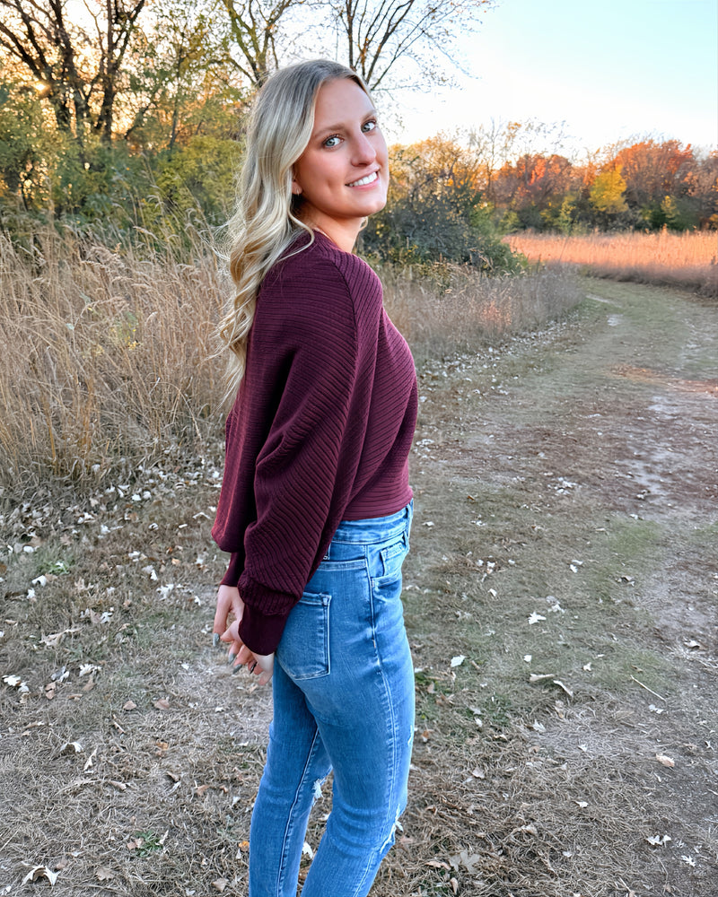 Red Wine Batwing Sleeve Crop Sweater