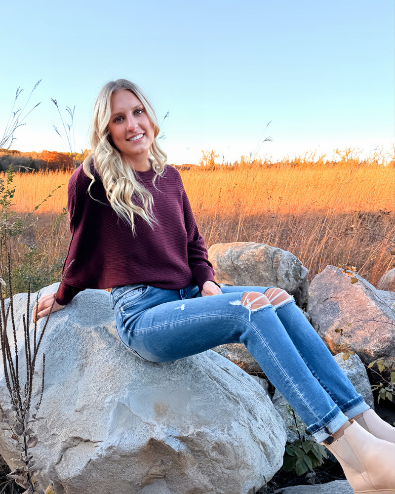 Red Wine Batwing Sleeve Crop Sweater