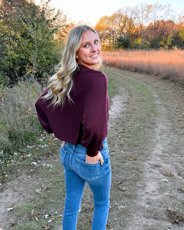 Red Wine Batwing Sleeve Crop Sweater