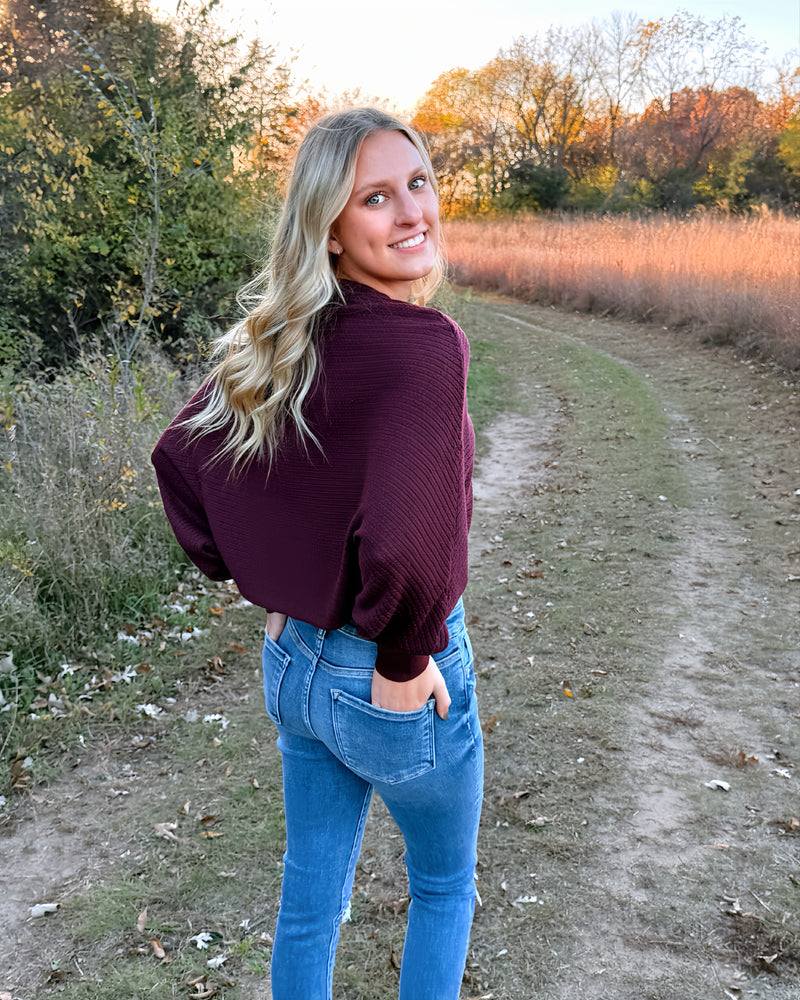 Red Wine Batwing Sleeve Crop Sweater